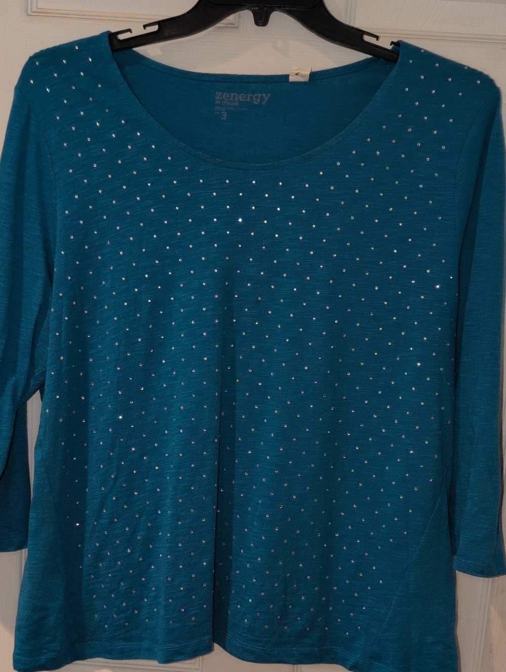 Zenergy by Chico's Teal Rhinestone Scoop Neck 3/4 Sleeve Top